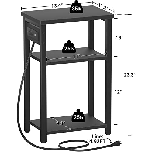 Aheaplus 3 Tier Slim End/ Side Table Set of 2 with Charging Station, Storage Shelf, Narrow Bedside Nightstand with USB Ports & Outlets for Sofa, Bedroom, Living Room, Black