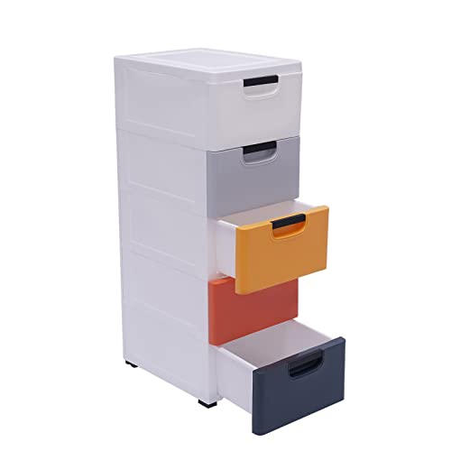 Plastic Drawers Dresser, 5 Drawers Dressers Chests with Wheels, Colorful Storage Closet Cabinet Clothes Toys Snacks Organizer for Bedroom, Living Room, Playroom 15.8×11.8×33.1in Morandi Color