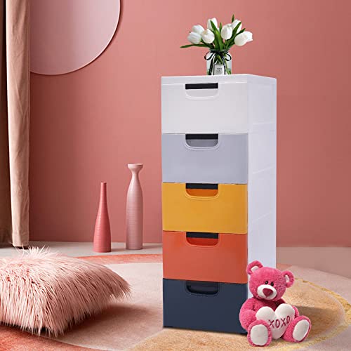 Plastic Drawers Dresser, 5 Drawers Dressers Chests with Wheels, Colorful Storage Closet Cabinet Clothes Toys Snacks Organizer for Bedroom, Living Room, Playroom 15.8×11.8×33.1in Morandi Color