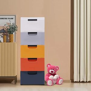 Plastic Drawers Dresser, 5 Drawers Dressers Chests with Wheels, Colorful Storage Closet Cabinet Clothes Toys Snacks Organizer for Bedroom, Living Room, Playroom 15.8×11.8×33.1in Morandi Color