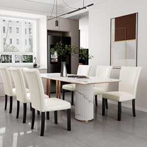 jesonvid set of 6 parsons dining chairs faux leather kitchen chair with solid wooden legs upholstered soft leather padded chairs with nail-head trim-ivory white