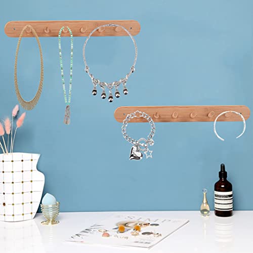 DBlosp 2 Pack Necklace Hangers Rustic Wood Necklaces Holder Jewelry Organizer Hanging with 6 Wood Hooks,Jewelry Hooks for Necklaces, Bracelets, Chains