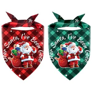 2 pack christmas dog bandanas, classic buffalo plaid pets scarf triangle bibs kerchief with santa pattern, dog christmas costume accessories for small medium large dogs (27.56" *18.9" *18.9")