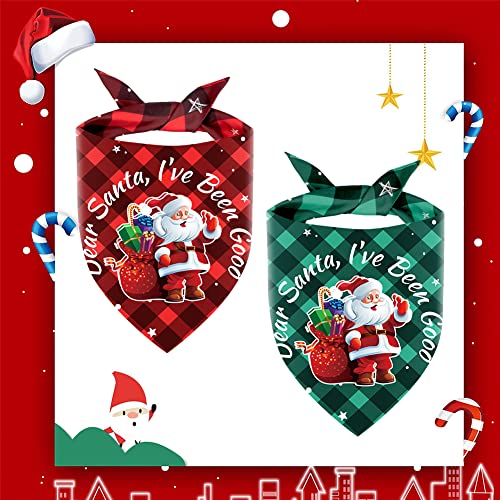 2 Pack Christmas Dog Bandanas, Classic Buffalo Plaid Pets Scarf Triangle Bibs Kerchief with Santa Pattern, Dog Christmas Costume Accessories for Small Medium Large Dogs (27.56" *18.9" *18.9")