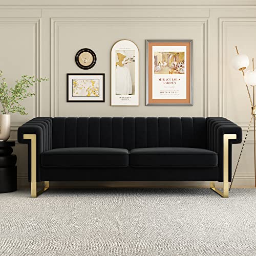 Mid Century Modern Velvet Couch - 83.85 Loveseat Sofa Curved Gold Boho Love Seat Comfy Couches for Living Room, 3 Seat Tufted Deep Seat Sectional Gothic Minimalist Sofa Bedroom Apartment (Black 1)