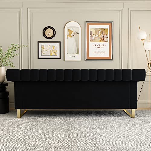 Mid Century Modern Velvet Couch - 83.85 Loveseat Sofa Curved Gold Boho Love Seat Comfy Couches for Living Room, 3 Seat Tufted Deep Seat Sectional Gothic Minimalist Sofa Bedroom Apartment (Black 1)