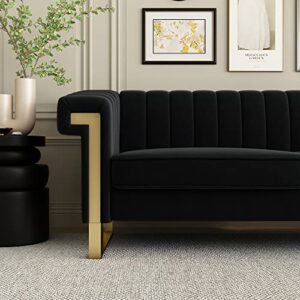 Mid Century Modern Velvet Couch - 83.85 Loveseat Sofa Curved Gold Boho Love Seat Comfy Couches for Living Room, 3 Seat Tufted Deep Seat Sectional Gothic Minimalist Sofa Bedroom Apartment (Black 1)