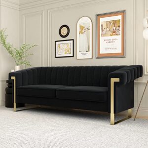 Mid Century Modern Velvet Couch - 83.85 Loveseat Sofa Curved Gold Boho Love Seat Comfy Couches for Living Room, 3 Seat Tufted Deep Seat Sectional Gothic Minimalist Sofa Bedroom Apartment (Black 1)