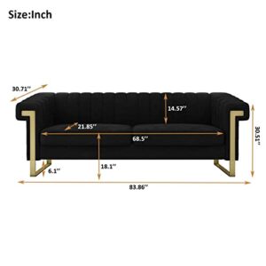 Mid Century Modern Velvet Couch - 83.85 Loveseat Sofa Curved Gold Boho Love Seat Comfy Couches for Living Room, 3 Seat Tufted Deep Seat Sectional Gothic Minimalist Sofa Bedroom Apartment (Black 1)