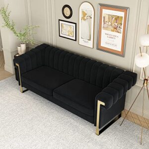 Mid Century Modern Velvet Couch - 83.85 Loveseat Sofa Curved Gold Boho Love Seat Comfy Couches for Living Room, 3 Seat Tufted Deep Seat Sectional Gothic Minimalist Sofa Bedroom Apartment (Black 1)