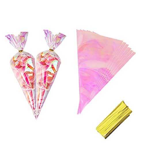 Cellophane Bags,50 Pcs Cellophane Treat Bags, Iridescent Holographic Candy Bags, Clear Goodie Bags with Colorful Twist Ties for Birthday Party Favors, Halloween,Christmas, Weddings, Baby Showers (S, Cone)