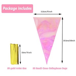 Cellophane Bags,50 Pcs Cellophane Treat Bags, Iridescent Holographic Candy Bags, Clear Goodie Bags with Colorful Twist Ties for Birthday Party Favors, Halloween,Christmas, Weddings, Baby Showers (S, Cone)