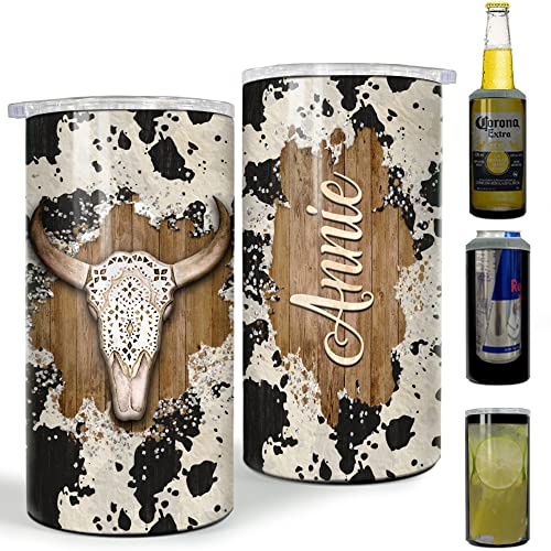 SANDJEST Personalized Cow Tumbler Cowgirl 4 in 1 16oz Tumbler Can Cooler Coozie Stainless Steel Tumbler Gift for Women Girl Daughter Sister Animal Lovers Christmas Birthday