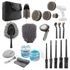 car detailing drill brush set - drill brush set with cleaning gel wash mitt sponge, car windshield cleaning tools kit for exterior interior carpet wheels vents dashboard leather