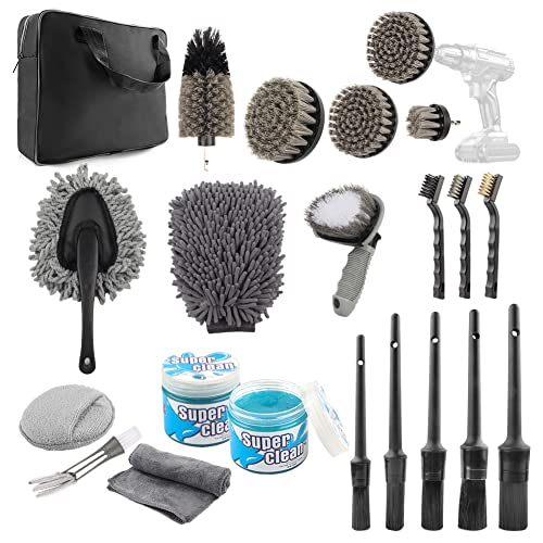 Car Detailing Drill Brush Set - Drill Brush Set with Cleaning Gel Wash Mitt Sponge, Car Windshield Cleaning Tools Kit for Exterior Interior Carpet Wheels Vents Dashboard Leather