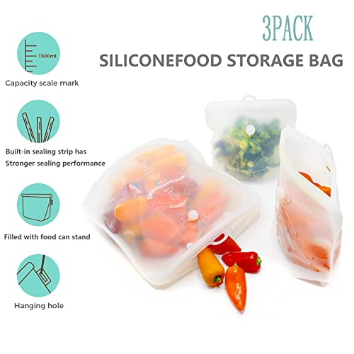 Reusable Storage Bags, 3 Pack Reusable Freezer Bags, Thickened Leakproof Record Date Time Reusable Silicone Bags For Cured Meats, Fruits, Sandwiches, Travel Supplies, Home Storage
