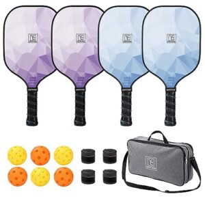 Graphite Pickleball Paddles Set of 4, 2023 USAPA Approved, Carbon Fiber Surface (CHS), Polypropylene Lightweight Honeycomb Core, 3 Indoor 3 Outdoor Pickleball, 4 Replacement Soft Grip + Bag