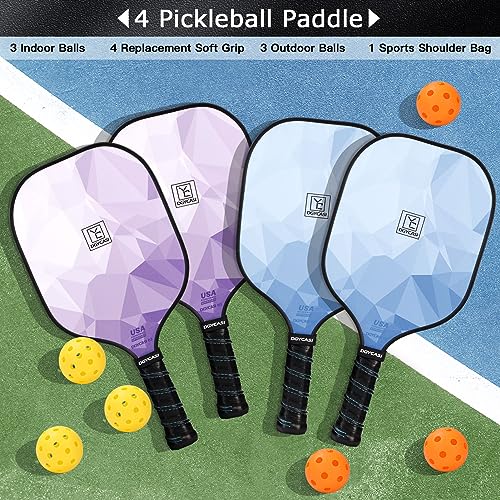 Graphite Pickleball Paddles Set of 4, 2023 USAPA Approved, Carbon Fiber Surface (CHS), Polypropylene Lightweight Honeycomb Core, 3 Indoor 3 Outdoor Pickleball, 4 Replacement Soft Grip + Bag