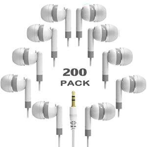 hongzan 200 pack bulk earbuds classroom for school kids children class set headphones for students wholesale disposable earphones (white)