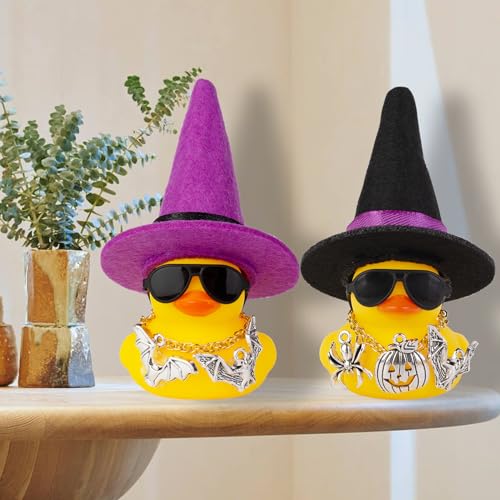 MuMyer Car Rubber Duck Ornaments Halloween Duck Car Dashboard Decorations with Mini Witch Hat Sunglasses Necklace Halloween Accessories for Halloween Themed Gifts