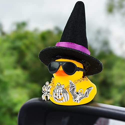 MuMyer Car Rubber Duck Ornaments Halloween Duck Car Dashboard Decorations with Mini Witch Hat Sunglasses Necklace Halloween Accessories for Halloween Themed Gifts