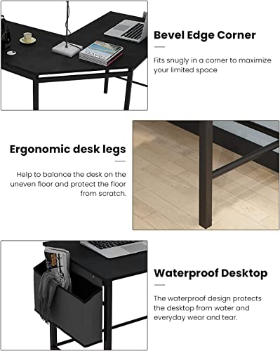 DKLGG L Shaped Computer Desk, 49" Gaming Desk Home Office Corner Desks Large Work Study Desk with Storage Bag & Hooks, L Desk Workstation Space-Saving Table for Home Office, Black