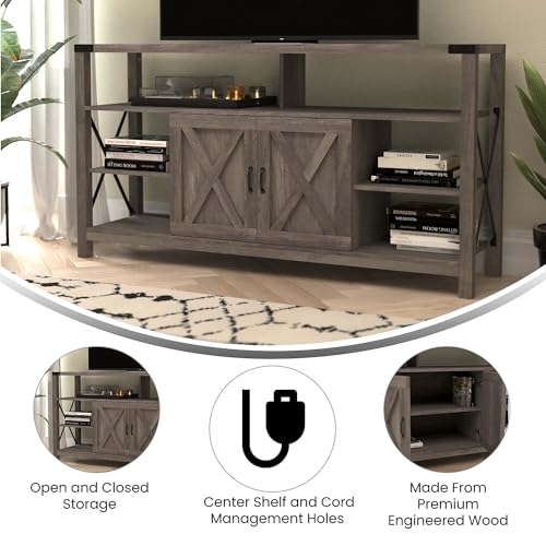 Flash Furniture Wyatt 60" Modern Farmhouse Tall TV Stand - Coastal Gray Console Cabinet - Adjustable Middle Shelf - Fixed Shelves - For TV's up to 60"