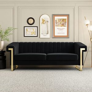 burnt orange velvet couch sofa, 84 wide mid-century modern love seat tufted chesterfield velvet sofa loveseat futon with curved arm gold leg, 3 seat large comfy couches sofas for livingroom (black 2)