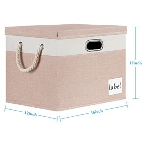 RVSNQ Extra Large Storage Bins with Lids, 16"x12"x12" Foldable Fabric Storage Boxes with Lids, Storage Basket with Cotton Rope Handle and Label, Storage Boxes for Organizing Office, Shelf, Home (2-Pack, Beige&White)