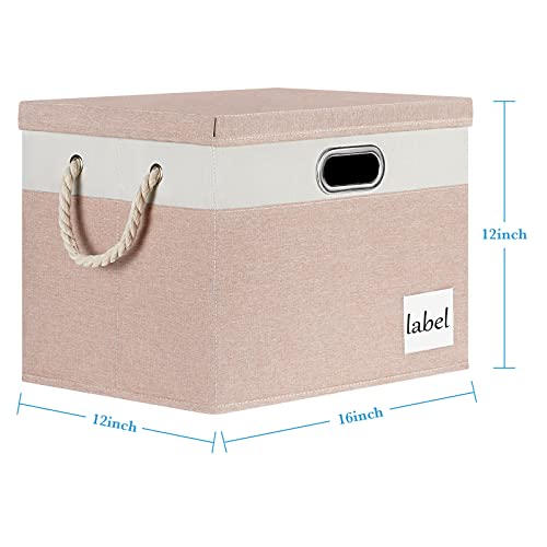 RVSNQ Extra Large Storage Bins with Lids, 16"x12"x12" Foldable Fabric Storage Boxes with Lids, Storage Basket with Cotton Rope Handle and Label, Storage Boxes for Organizing Office, Shelf, Home (2-Pack, Beige&White)