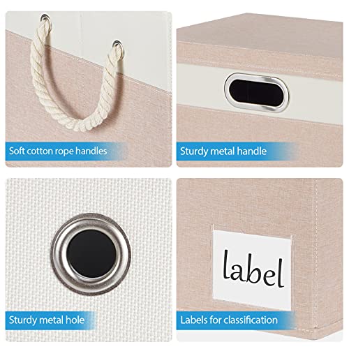 RVSNQ Extra Large Storage Bins with Lids, 16"x12"x12" Foldable Fabric Storage Boxes with Lids, Storage Basket with Cotton Rope Handle and Label, Storage Boxes for Organizing Office, Shelf, Home (2-Pack, Beige&White)