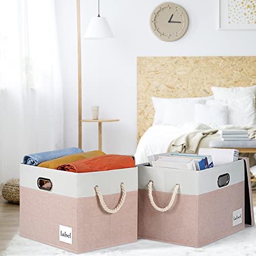 RVSNQ Extra Large Storage Bins with Lids, 16"x12"x12" Foldable Fabric Storage Boxes with Lids, Storage Basket with Cotton Rope Handle and Label, Storage Boxes for Organizing Office, Shelf, Home (2-Pack, Beige&White)