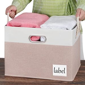 RVSNQ Extra Large Storage Bins with Lids, 16"x12"x12" Foldable Fabric Storage Boxes with Lids, Storage Basket with Cotton Rope Handle and Label, Storage Boxes for Organizing Office, Shelf, Home (2-Pack, Beige&White)