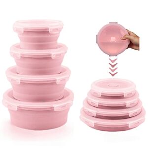 collapsible bowls pink kitchen accessories silicone food storage meal prep containers with lids airtight reusable for camping flat box stacks, bpa free, cute freezer microwavable travel food container