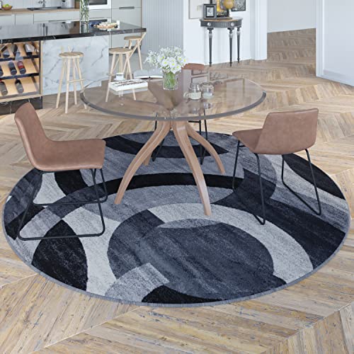 Flash Furniture Harken Collection 8' x 8' Round Geometric Area Rug - Black and Gray Olefin Facing - Jute Backing - Living Room or Bedroom