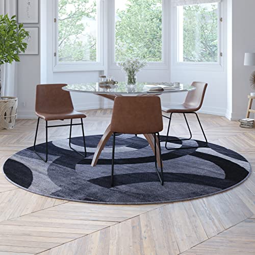 Flash Furniture Harken Collection 5' x 5' Round Geometric Area Rug - Black and Gray Olefin Facing - Jute Backing - Living Room or Bedroom