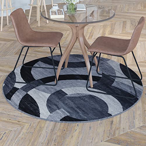 Flash Furniture Harken Collection 5' x 5' Round Geometric Area Rug - Black and Gray Olefin Facing - Jute Backing - Living Room or Bedroom
