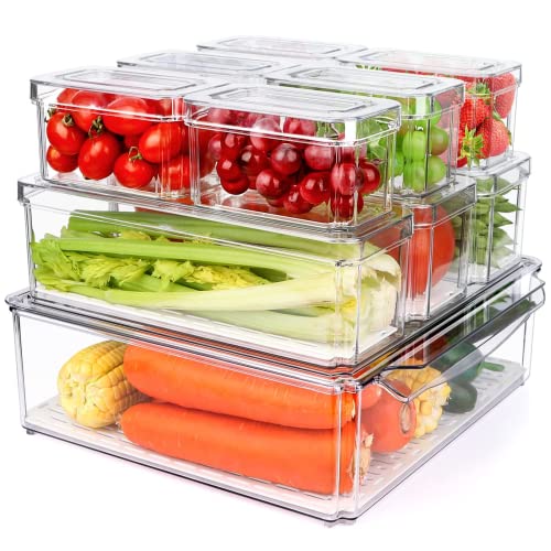 Set of 10 Refrigerator Organization Bins with Lids, Clear Fruit and Vegetable Storage Containers Fridge Organizer, Acrylic Stackable Kitchen Fridge Organizers and Storage Cabinets