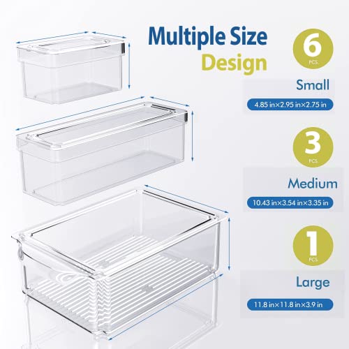 Set of 10 Refrigerator Organization Bins with Lids, Clear Fruit and Vegetable Storage Containers Fridge Organizer, Acrylic Stackable Kitchen Fridge Organizers and Storage Cabinets