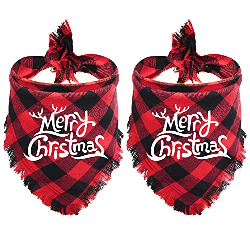 Malier 2 Pack Dog Bandana, Christmas Classic Buffalo Plaid Pattern with Tassels Edges Bandana, Pets Scarf Triangle Bibs Kerchief Bandana Costume Accessories for Small Medium Large Dogs Cats