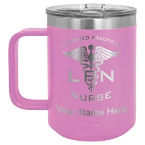 lasergram 15oz vacuum insulated coffee mug, lpn licensed practical nurse, personalized engraving included (light purple)