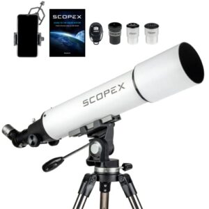 SCOPEX Telescope 90mm Aperture, Telescopes for Adults Astronomy Professional, AZ Astronomical Refractor, Telescope for Kids 8-12 Plus, Phone Adapter, Two Finderscopes, Bluetooth Remote, Case. White