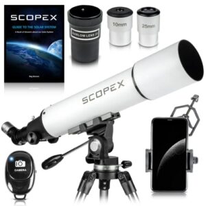 scopex telescope 90mm aperture, telescopes for adults astronomy professional, az astronomical refractor, telescope for kids 8-12 plus, phone adapter, two finderscopes, bluetooth remote, case. white