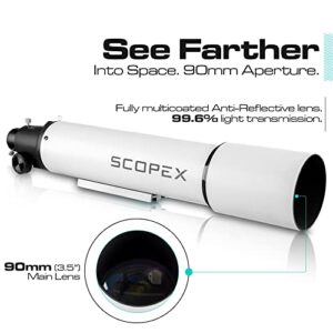 SCOPEX Telescope 90mm Aperture, Telescopes for Adults Astronomy Professional, AZ Astronomical Refractor, Telescope for Kids 8-12 Plus, Phone Adapter, Two Finderscopes, Bluetooth Remote, Case. White