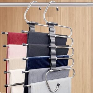 space saving pants hanger- 2 pack closet organizer closet storage jeans,trousers hanger drying rack: leggings, scarves and towels non-slip hanger- space maximizing hanging rack small space organizer