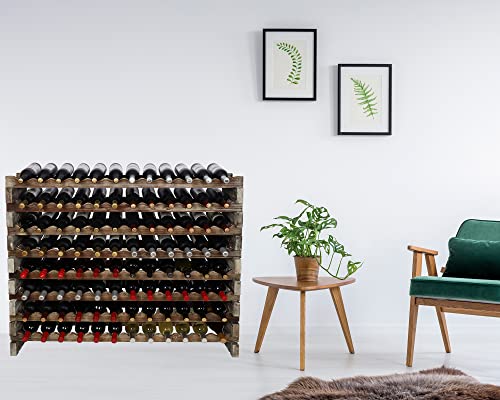 Stackable Modular Wine Rack Wine Storage Rack Wine Holder Display Shelves for Wine Cellar or Basement, Freestanding Wine Rack Thick Wood Wobble-Free (Rustic, 12 X 8 Rows (96 Slots))