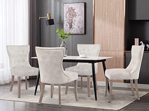 LOULENS Dining Chairs, Upholstered Modern Elegant Tufted Dining Room Chairs with Solid Wood Legs for Kitchen, Dining Living Room (Velvet, Beige)