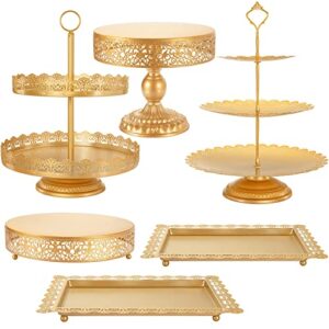 nelhalt gold cake stand 6 pcs, antique-inspired dessert table display set different heights and shapes stands tiered cupcake holder candy fruit plate decoration for wedding birthday party celebration