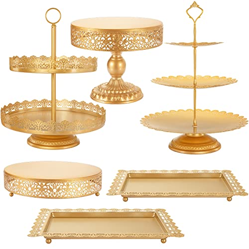 Nelhalt Gold Cake Stand 6 Pcs, Antique-inspired Dessert table Display Set Different Heights and Shapes Stands Tiered Cupcake Holder Candy Fruit Plate Decoration for Wedding Birthday Party Celebration