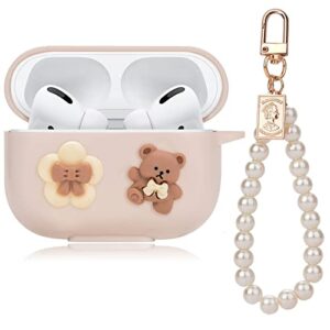cute airpod pro 2 case with pearl wrist chain flower bear design soft protective cover compatible with airpods pro 2nd generation 2022 case for women and girls (brown)